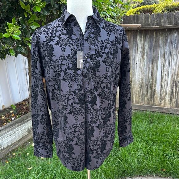 NWT Beverly Hills Polo Club Men’s Black Jacquard Button Front Shirt L New - Picture 1 of 11